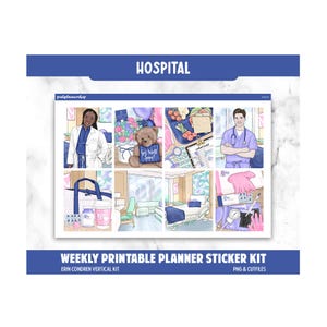 K&ouml;nnte beinhalten: Ein w&ouml;chentliches, druckbares Planer-Aufkleber-Set mit Krankenhaus-Thema. Das Set enth&auml;lt Illustrationen von medizinischem Fachpersonal, Krankenhauszimmern und medizinischem Zubeh&ouml;r. Der Text "HOSPITAL" und "Get well soon!" sind sichtbar.