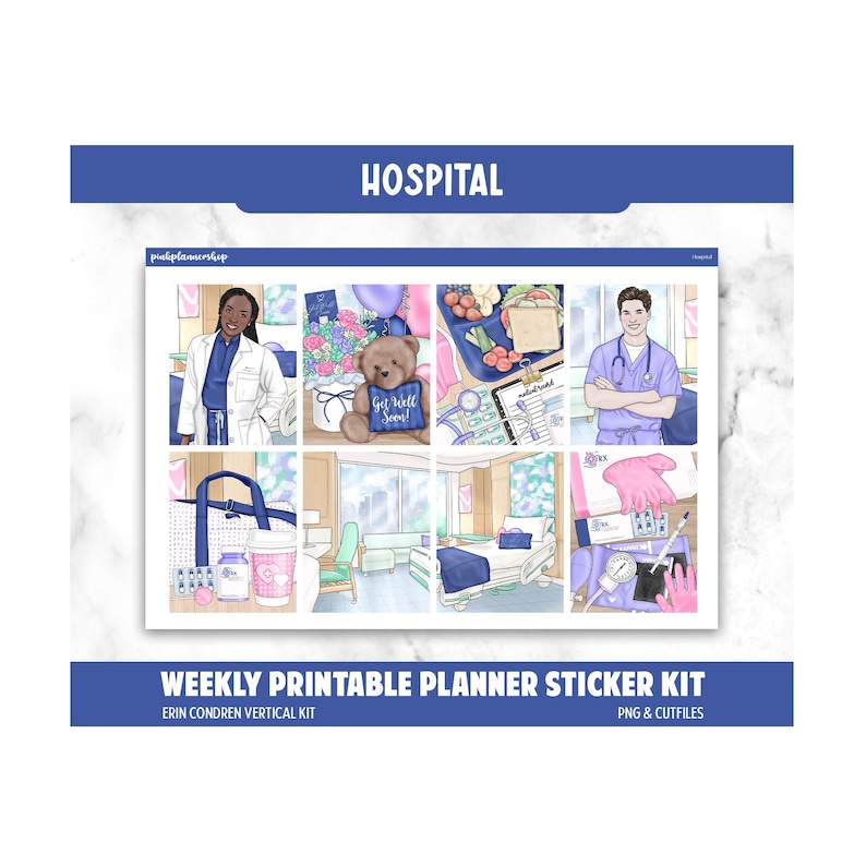 K&ouml;nnte beinhalten: Ein w&ouml;chentliches, druckbares Planer-Aufkleber-Set mit Krankenhaus-Thema. Das Set enth&auml;lt Illustrationen von medizinischem Fachpersonal, Krankenhauszimmern und medizinischem Zubeh&ouml;r. Der Text "HOSPITAL" und "Get well soon!" sind sichtbar.