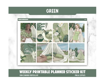 Green Weekly Planner Stickers: Erin Condren Compatible, Cricut PNG Cut Files (Digital Download