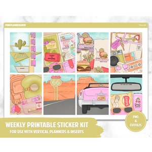 Printable Planner Stickers, Weekly Sticker Kit, Road Trip, Erin Condren Planner Stickers, Vertical Sticker Kit, Cut File, Cricut PNG