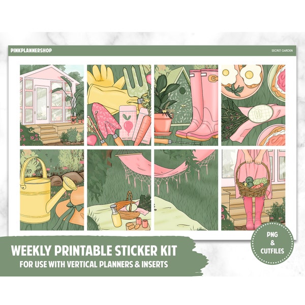 Printable Planner Stickers, Weekly Sticker Kit, Secret Garden, Erin Condren Planner Stickers, Vertical Sticker Kit, Cut File, Cricut PNG