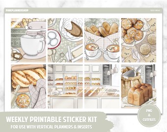 Printable Planner Stickers, Weekly Sticker Kit, Teddy Bread, Erin Condren Planner Stickers, Vertical Sticker Kit, Cut File, Cricut PNG