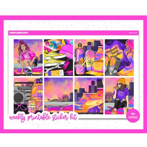Afdrukbare plannerstickers, zonsondergangschaatser, Erin Condren, stickervellen, verticale stickers, gesneden bestanden, Cricut png, zomerstickers