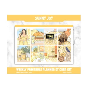 May include: A weekly printable planner sticker kit with a yellow theme. The kit includes various illustrations such as a woman in yellow pajamas, a glass of water, books, a TV with the words "TV Binge Time", and a cat tree. The text "Sunny Joy" is at the top.