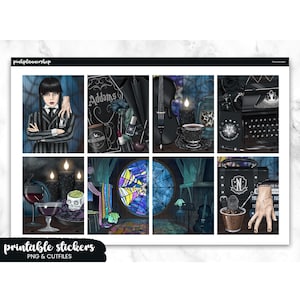 May include: Printable stickers featuring illustrations of Wednesday Addams and related gothic imagery. Includes images of a violin, typewriter, and a stained glass window. The stickers are labeled "PNG & CUTFILES".