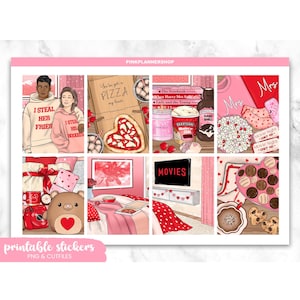 May include: A sheet of printable stickers with a romantic theme. The stickers feature illustrations of couples, pizza, movie night snacks, and a heart-shaped pizza. The color palette includes pink, red, and white.