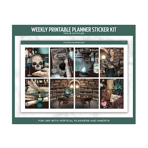 May include: A weekly printable planner sticker kit with a fantasy theme. The design includes illustrations of potion bottles, a skull, books, and a woman in a green dress. The text includes "Advanced Potion Making" and "For use with vertical planners and inserts."