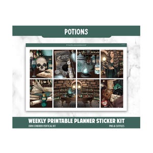 Op de afbeelding: Een wekelijkse printbare planner sticker kit met een thema van drankjes. Het ontwerp bevat illustraties van drankflessen, een schedel en een vrouw in een donkergroene jurk. De tekst bevat "POTIONS", "PINKPLANNERSHOP" en "ADVANCED POTION MAKING".