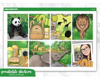 Printable Planner Stickers, Zoo Day, Erin Condren, Sticker Sheets, Vertical Stickers, Cut Files, Cricut PNG, Animal Stickers
