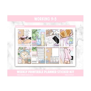 Puede incluir: Un kit de pegatinas de planificador imprimible semanal con una pancarta rosa claro que dice "WORKING 9-5". El kit incluye ilustraciones de una lista de tareas, un calendario, un reloj y otros elementos relacionados con la oficina. También se ve el texto "WEEKLY PRINTABLE PLANNER STICKER KIT".