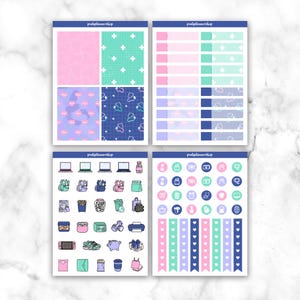K&ouml;nnte beinhalten: Vier Bl&auml;tter mit Planer-Aufklebern mit verschiedenen Designs. Das obere linke Blatt hat rosa Wellenmuster und t&uuml;rkisfarbene Kreuze. Die unteren Bl&auml;tter haben Symbole und Banner. Der Text "pinkplannershop" ist sichtbar.
