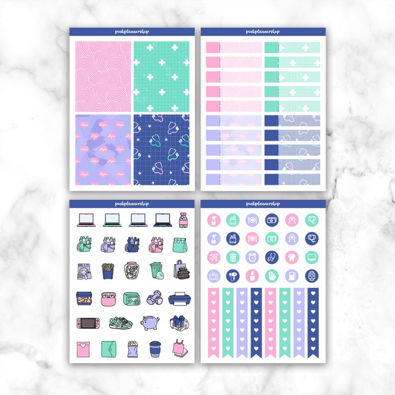 K&ouml;nnte beinhalten: Vier Bl&auml;tter mit Planer-Aufklebern mit verschiedenen Designs. Das obere linke Blatt hat rosa Wellenmuster und t&uuml;rkisfarbene Kreuze. Die unteren Bl&auml;tter haben Symbole und Banner. Der Text "pinkplannershop" ist sichtbar.