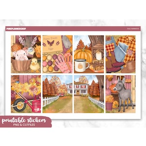 Puede incluir: Una hoja de pegatinas imprimibles con un tema de granja otoñal. Las pegatinas presentan ilustraciones de un cerdo, un pato, huevos, una calabaza, botas, una casa y un burro. El texto "Farm Fresh Eggs" es visible.
