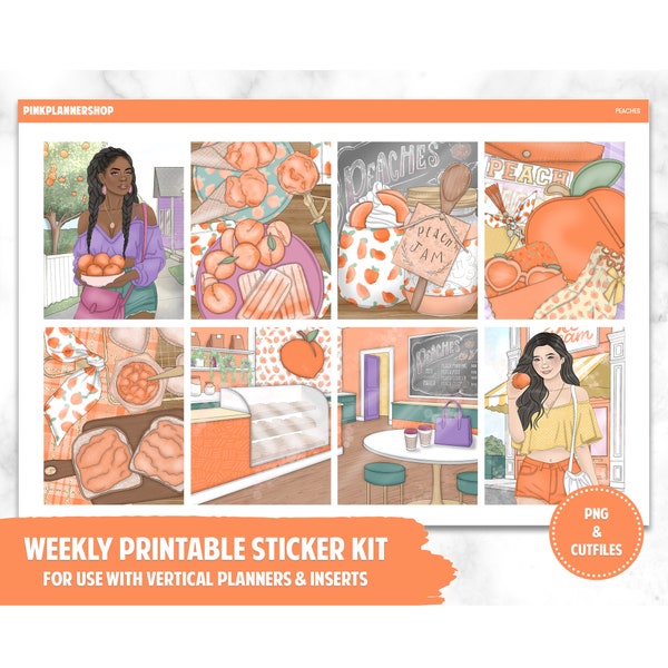 Printable Planner Stickers, Weekly Sticker Kit, Peaches, Erin Condren Planner Stickers, Vertical Sticker Kit, Cut File, Cricut PNG