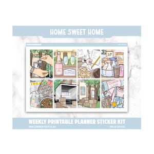 May include: A weekly printable planner sticker kit with a Home Sweet Home theme. The kit includes illustrations of keys, champagne, cookies, moving boxes, and bubble wrap. Text includes "We said YES" and "Bubble Wrap".