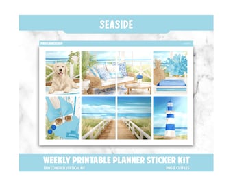 Op de afbeelding: Een wekelijkse printbare planner sticker kit met een kustthema. De kit bevat illustraties van een golden retriever, strandscènes, een vuurtoren en strandaccessoires. De tekst "SEASIDE" en "WEEKLY PRINTABLE PLANNER STICKER KIT" worden weergegeven.