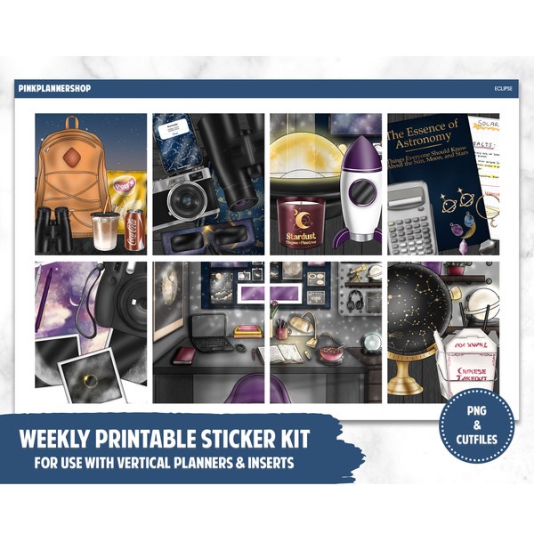 Printable Planner Stickers, Weekly Sticker Kit, Eclipse, Erin Condren Planner Stickers, Vertical Sticker Kit, Cut File, Cricut PNG