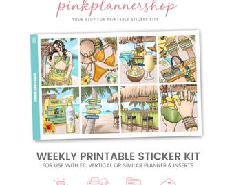 Summer Planner Stickers, Island Breeze Weekly Kit, Erin Condren, Vacay Theme (PNG, Cut Files)