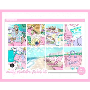 Afdrukbare plannerstickers, Miami, Erin Condren, stickervellen, verticale stickers, gesneden bestanden, Cricut png, reisstickers