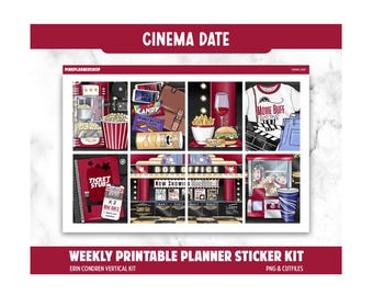 Cinema Date Planner Stickers: Erin Condren Vertical Layout (PNG, Cut Files) Digital Download