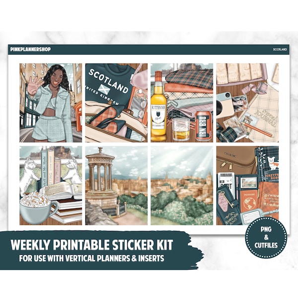 Printable Planner Stickers, Weekly Sticker Kit, Scotland, Erin Condren Planner Stickers, Vertical Sticker Kit, Cut File, Cricut PNG
