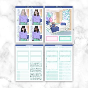 K&ouml;nnte beinhalten: Ein Set von Planer-Aufklebern mit Illustrationen von Frauen, einer Krankenhausszene mit Luftballons und dekorativen Elementen in Blau-, Rosa- und T&uuml;rkist&ouml;nen. Die Aufkleber enthalten Text und verschiedene Formen.