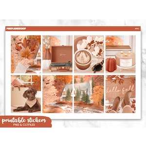 May include: A sheet of printable stickers with an autumn theme. The stickers feature illustrations of fall scenes, including a dog, coffee, a record player, and the text "hello fall". The color palette includes shades of brown, orange, and beige.