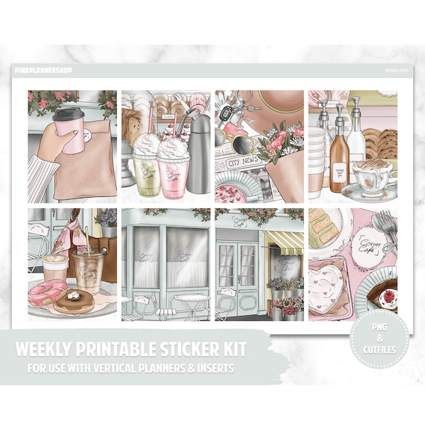 Afdrukbare planner stickers, wekelijkse sticker kit, Spring Cafe, erin Condren planner stickers, verticale sticker kit, gesneden bestand, Cricut PNG