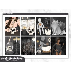 May include: Printable sticker sheet with a spooky Halloween theme. The sheet features illustrations of skulls, a haunted house, a cat, a voodoo doll, and a witch. The text "printable stickers" and "PNG & CUTFILES" is visible at the bottom.
