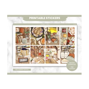 May include: A sheet of printable stickers featuring cozy indoor scenes, including a record player, a roasted turkey, a fireplace, a stack of pancakes, and kitchen items like salt and pepper shakers. The text reads PRINTABLE STICKERS, INSTANT DOWNLOAD, PNG CUTFILES, and ERIN CONDREN VERTICAL.