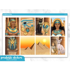 May include: A sheet of printable stickers with Egyptian illustrations. The designs include pharaohs, the Eye of Horus, a black cat, pyramids, and a sphinx cat. The text "printable stickers" and "PNG & CUTFILES" is also present.