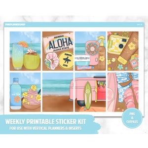 Printable Planner Stickers, Weekly Sticker Kit, Surf Up, Erin Condren Planner Stickers, Vertical Sticker Kit, Cut File, Cricut PNG