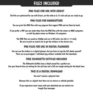 K&ouml;nnte beinhalten: Eine wei&szlig;e Grafik mit schwarzem Text, der digitale Download-Dateitypen detailliert, einschlie&szlig;lich PNG-Dateien f&uuml;r Cricut und Handschneider sowie Silhouette-Schnittdateien. Der Text erw&auml;hnt auch die Verwendung digitaler Planer und die US-Letter-Gr&ouml;&szlig;e.