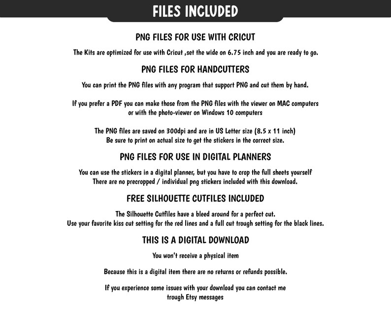 K&ouml;nnte beinhalten: Eine wei&szlig;e Grafik mit schwarzem Text, der digitale Download-Dateitypen detailliert, einschlie&szlig;lich PNG-Dateien f&uuml;r Cricut und Handschneider sowie Silhouette-Schnittdateien. Der Text erw&auml;hnt auch die Verwendung digitaler Planer und die US-Letter-Gr&ouml;&szlig;e.