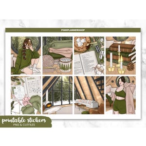 Puede incluir: Una hoja de pegatinas digitales con un tema acogedor. La hoja presenta ilustraciones de una mujer con un atuendo verde, libros, velas, una taza y otros artículos. También se incluye el texto "printable stickers".