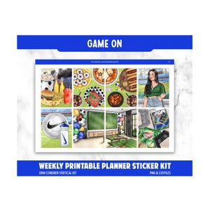 Könnte beinhalten: Ein wöchentliches, druckbares Planer-Aufkleber-Set mit Sport-Thema. Das Set enthält verschiedene Illustrationen von Essen, Sportgeräten und einer Person. Der Text "GAME ON" und "WEEKLY PRINTABLE PLANNER STICKER KIT" sind zu sehen.