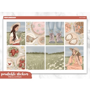 Printable Planner Stickers, Field of Daisies, Erin Condren, Sticker Sheets, Vertical Stickers, Cut Files, Cricut PNG, Spring Stickers