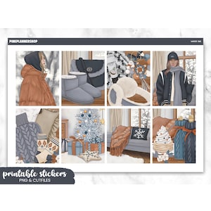 May include: A digital sticker sheet with winter-themed illustrations. The sheet includes images of winter clothing, a Christmas tree, gifts, and cozy home decor. The text "printable stickers" and "PNG & CUTFILES" is also included.