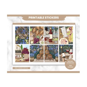 May include: A sheet of printable stickers featuring vineyard-themed illustrations including wine bottles, glasses, grapes, croissants, wooden barrels, and a wine tasting menu. The stickers are arranged in a grid with various scenes of wine culture.