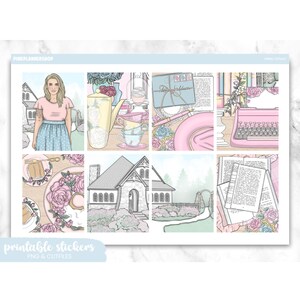 Printable Planner Stickers, Spring Cottage, Erin Condren, Sticker Sheets, Vertical Stickers, Cut Files, Cricut PNG, Spring Stickers