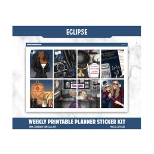 May include: A weekly printable planner sticker kit with an astronomy theme. The kit includes various illustrations such as a globe, camera, and two women wearing sunglasses. The text "ECLIPSE" is at the top, and "The Essence of Astronomy" is also visible.