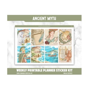 May include: A weekly printable planner sticker kit with an Ancient Myth theme. The kit features illustrations of Greek mythology, including a unicorn, a bust, a lyre, and a ship. The text "ANCIENT MYTH" is at the top, and "WEEKLY PRINTABLE PLANNER STICKER KIT" is at the bottom.