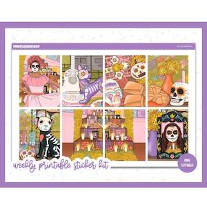 Planificateur d'autocollants imprimables, Dia de Muertos, Erin Condren, feuilles d'autocollants, autocollants verticaux, fichiers coupés, PNG Cricut, autocollants mexicains