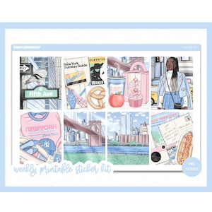 Afdrukbare plannerstickers, New York, Erin Condren, stickervellen, verticale stickers, gesneden bestanden, Cricut png, reisstickers