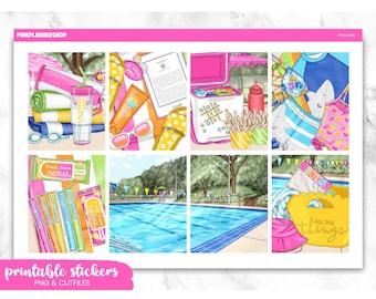 Printable Planner Stickers, Pool Side, Erin Condren, Sticker Sheets, Vertical Stickers, Cut Files, Cricut PNG, Summer Stickers