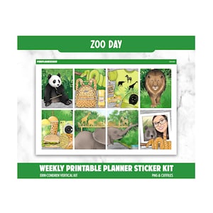 May include: A weekly printable planner sticker kit with a zoo theme. The kit includes various illustrations of zoo animals, food, and accessories. The text "ZOO DAY" is at the top, and "WEEKLY PRINTABLE PLANNER STICKER KIT" is at the bottom.