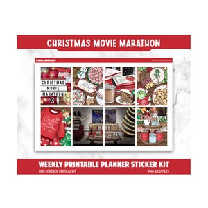 Op de afbeelding: Een wekelijkse, printbare planner sticker kit met een Christmas Movie Marathon thema. Het ontwerp bevat illustraties van feestelijke lekkernijen, een gezellige woonkamer en een kersttrui. Tekst bevat "Christmas Movie Marathon".