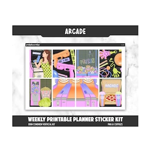 May include: A weekly printable planner sticker kit with an arcade theme. The design features illustrations of arcade games, pizza, popcorn, and a person playing a game. The word "ARCADE" is displayed in multiple places.