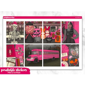 May include: A sheet of printable stickers with a Halloween theme. The stickers feature illustrations of a skeleton, candy, a pink school bus, and other spooky elements. The text "It's October 3rd" is visible.