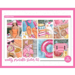 Afdrukbare plannerstickers, zwembad, Erin Condren, stickervellen, verticale stickers, gesneden bestanden, Cricut png, zomerstickers